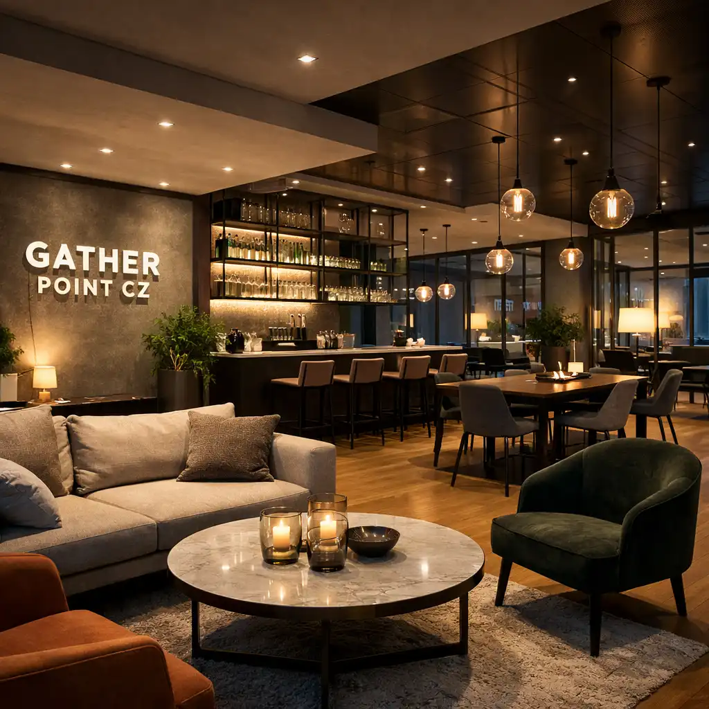 Večerně nasvícený interiér restaurace Gather Point CZ s elegantním stolováním