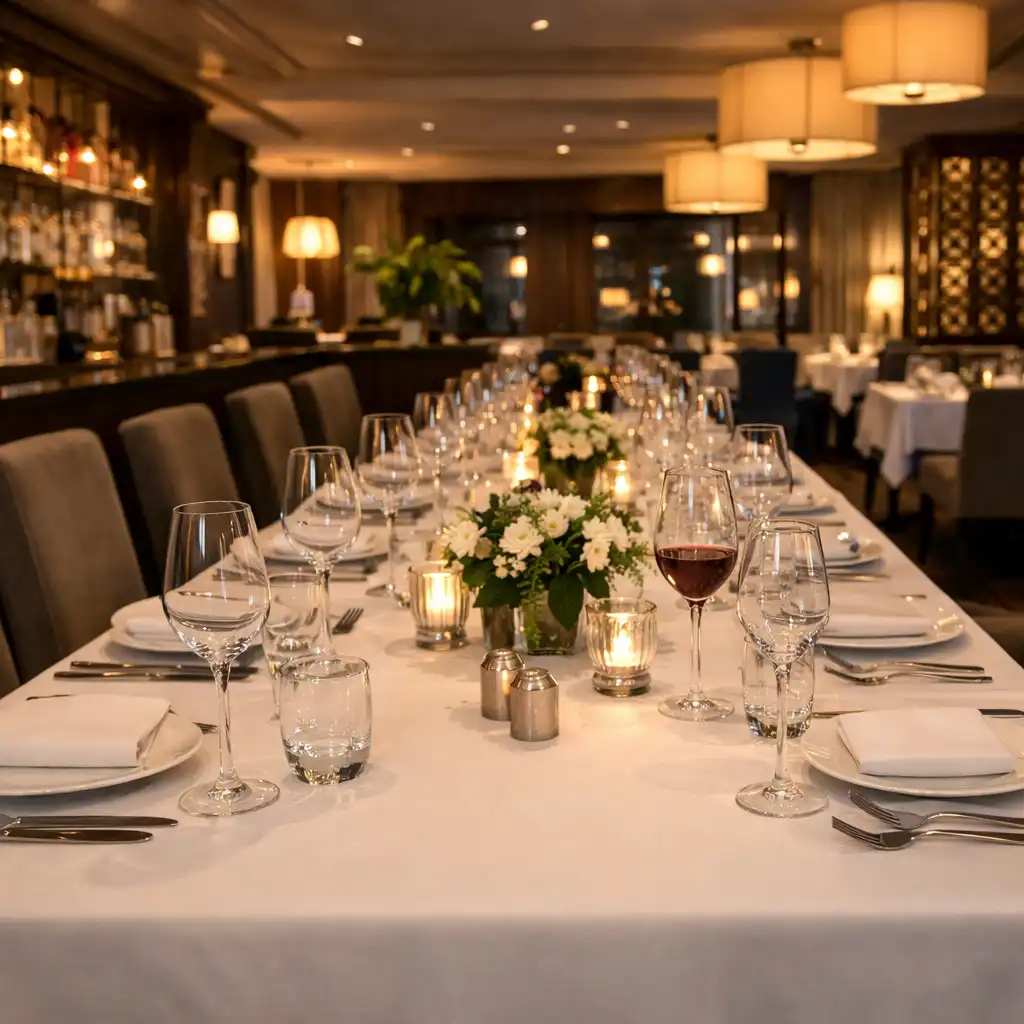 Prostorné uspořádání stolů pro skupiny v restauraci Gather Point CZ