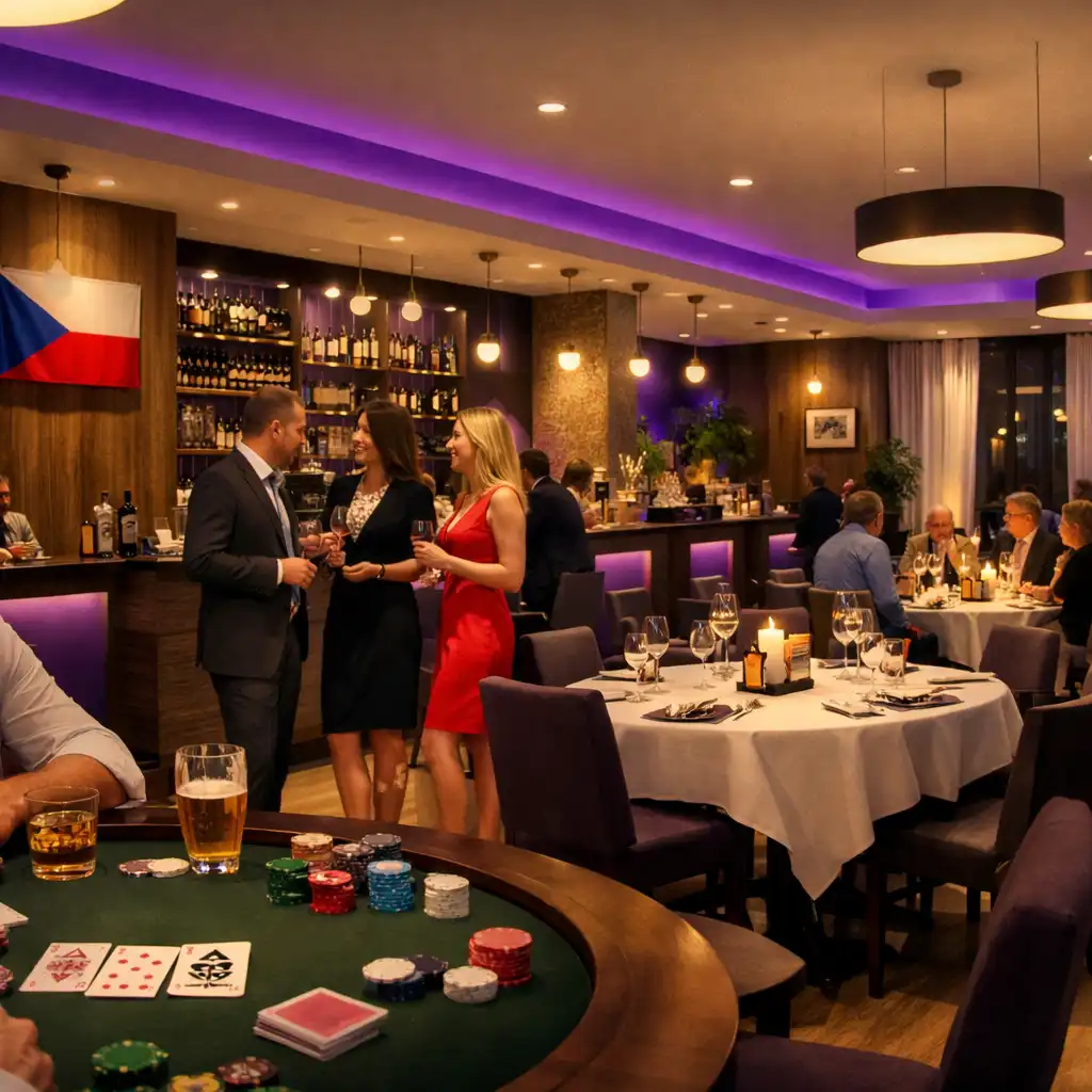 Večerní atmosféra restaurace Gather Point CZ se stylově prostřenými stoly a hosty u večeře