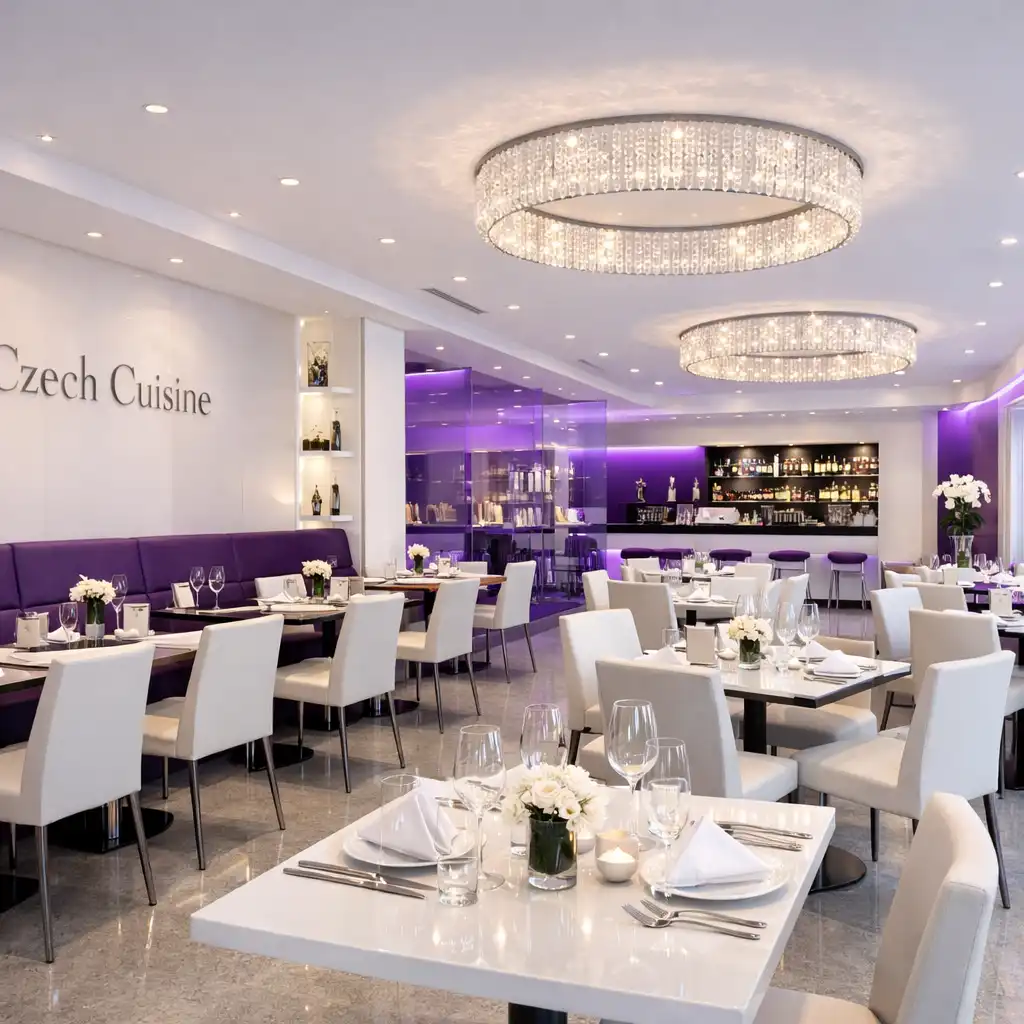 Elegantní interiér restaurace Gather Point CZ s moderním osvětlením a prostorným uspořádáním stolů