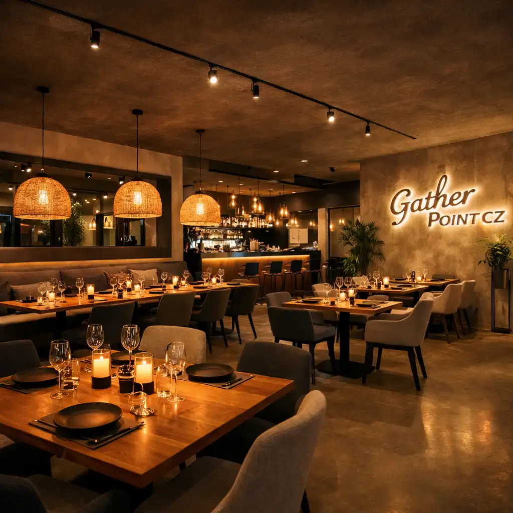 Široký pohled na večerní interiér restaurace Gather Point CZ se stylově nasvícenými stoly