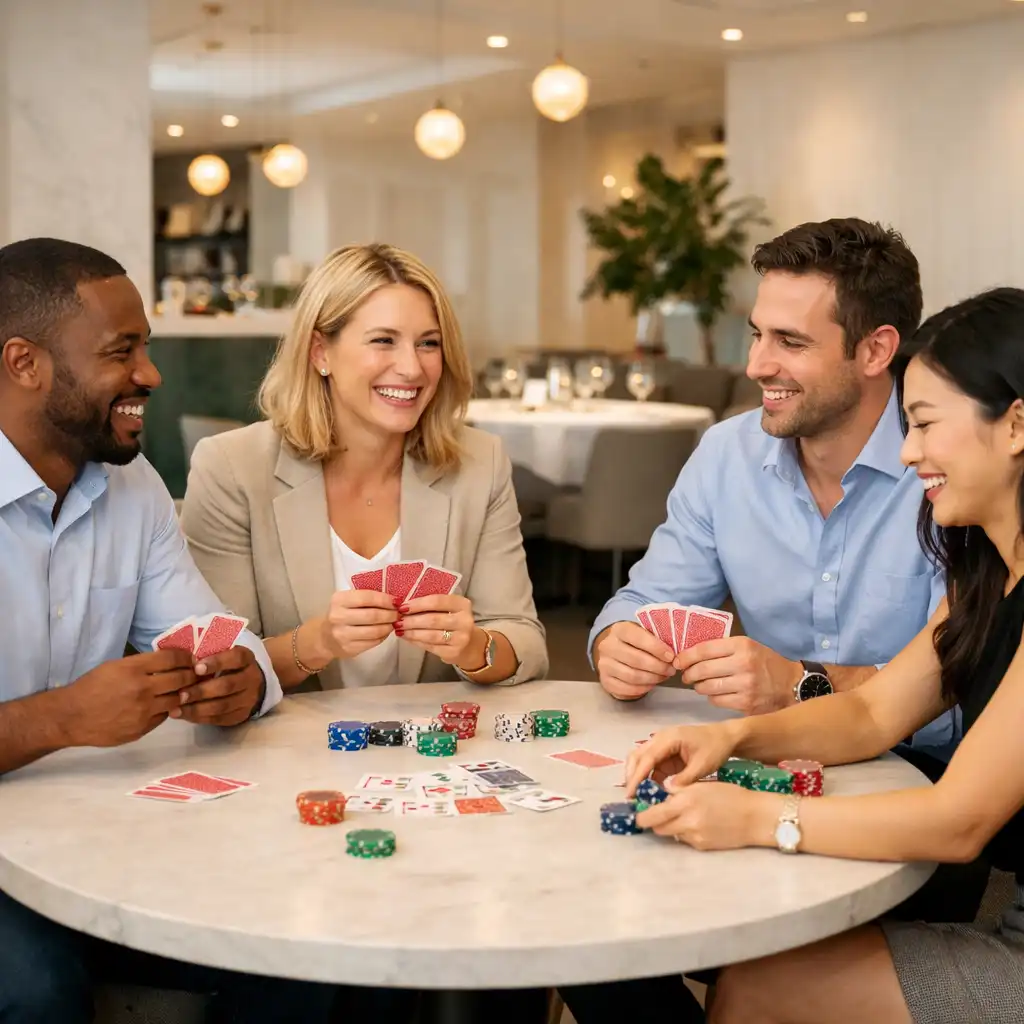 Tým kolegů u stolní pokerové aktivity v Gather Point CZ