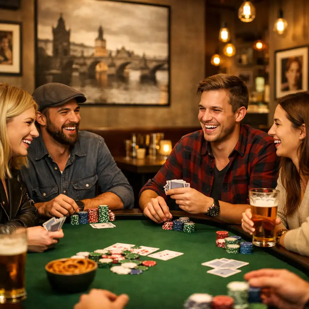 Hosté si užívají společenský offline pokerový večer v Gather Point CZ