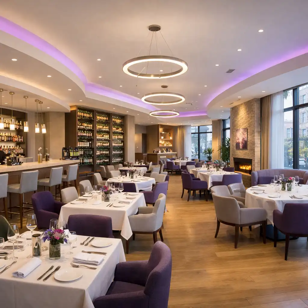 Elegantní interiér restaurace Gather Point CZ s moderním osvětlením a prostorným sezením